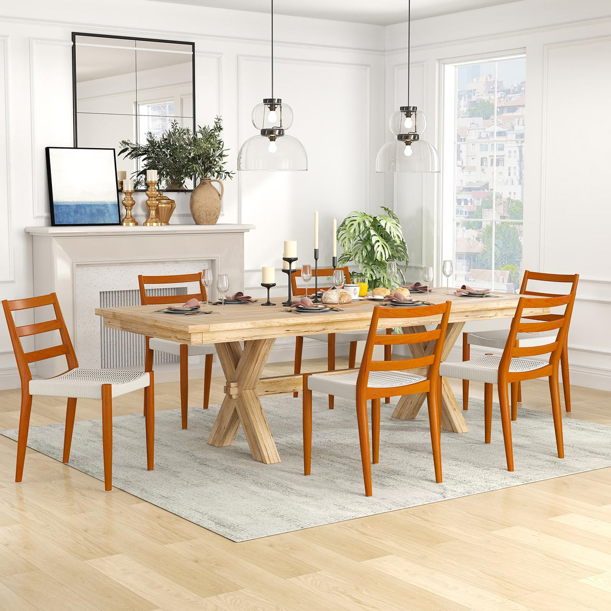 Bonzy Home Wood Rattan Armless Dining Chairs Set of 6, Brown&Beige