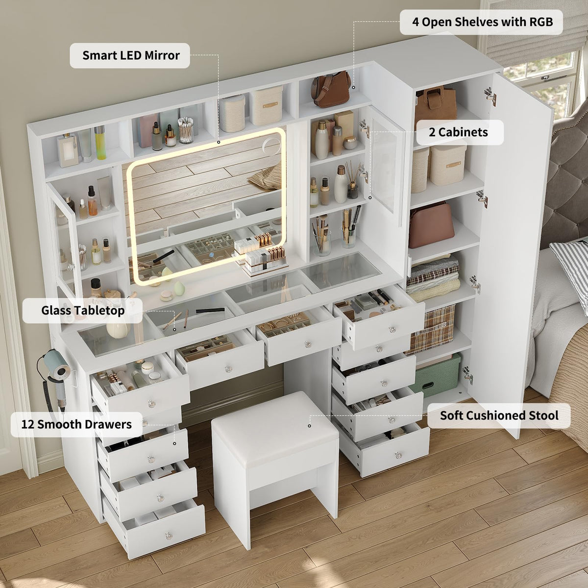 White LED Makeup Vanity with 12 Drawers
