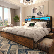 EnHomee King Bed Frame with 4 Drawers, Charge Station & LED Lights