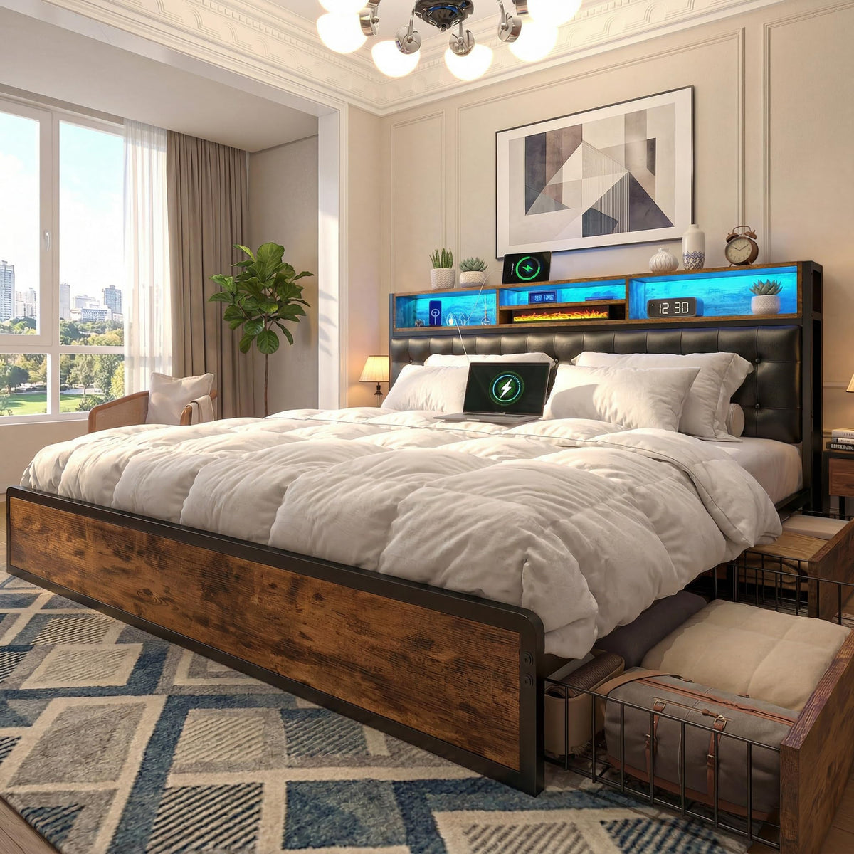 EnHomee King Bed Frame with 4 Drawers, Charge Station & LED Lights