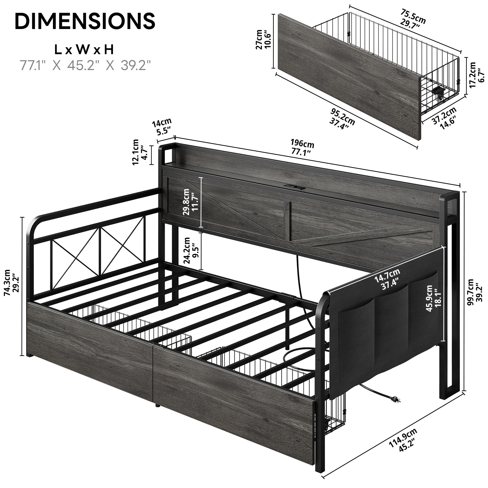 Twin Daybed with Storage Drawers & Charging Station