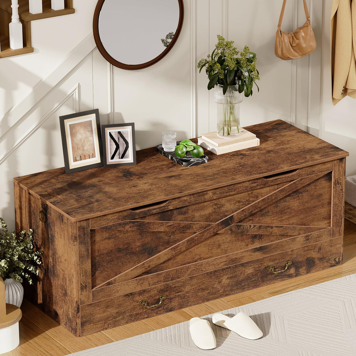 RALGEND Toy Chest, 47.2" Storage Chest with Drawer and Pull Handles