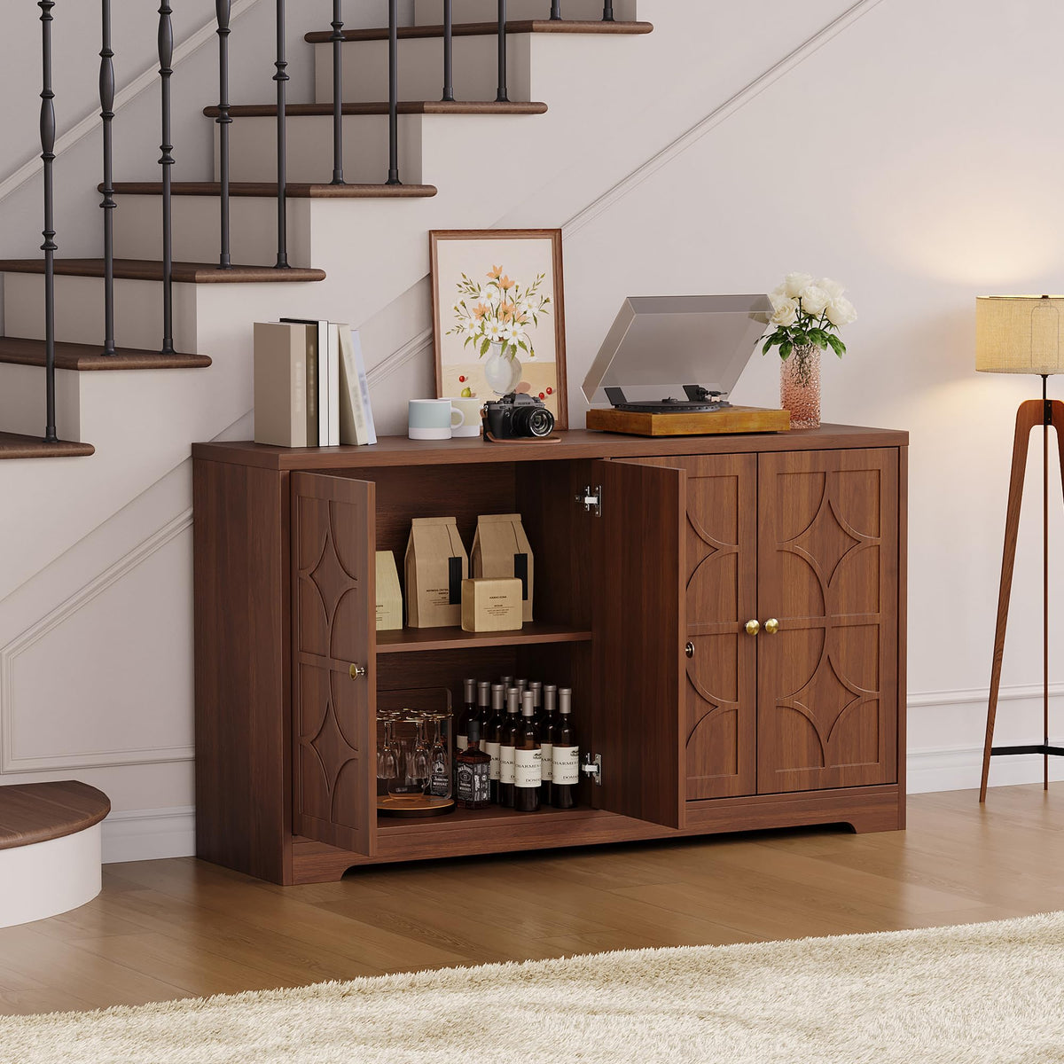 Garvee Sideboard Buffet Cabinet with Storage, 56" Modern Sideboard, Brown