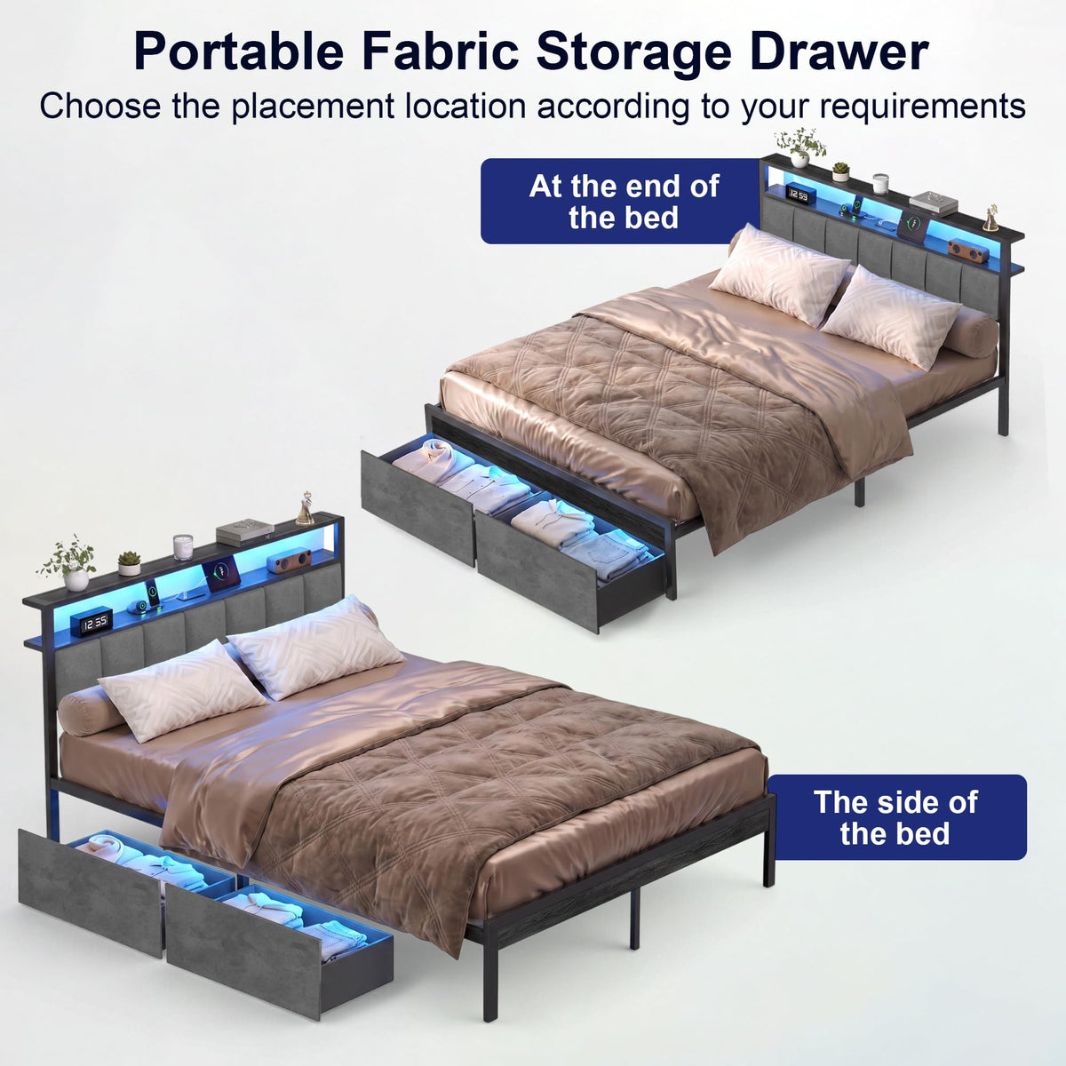 Aelawe Full Bed Frame with 2 Storage Drawers, Metal Platform Bed with LED Lights and Charging Station, Upholstered Headboard with 2-Tier Storage Shelf, Noise Free, No Box Spring Needed