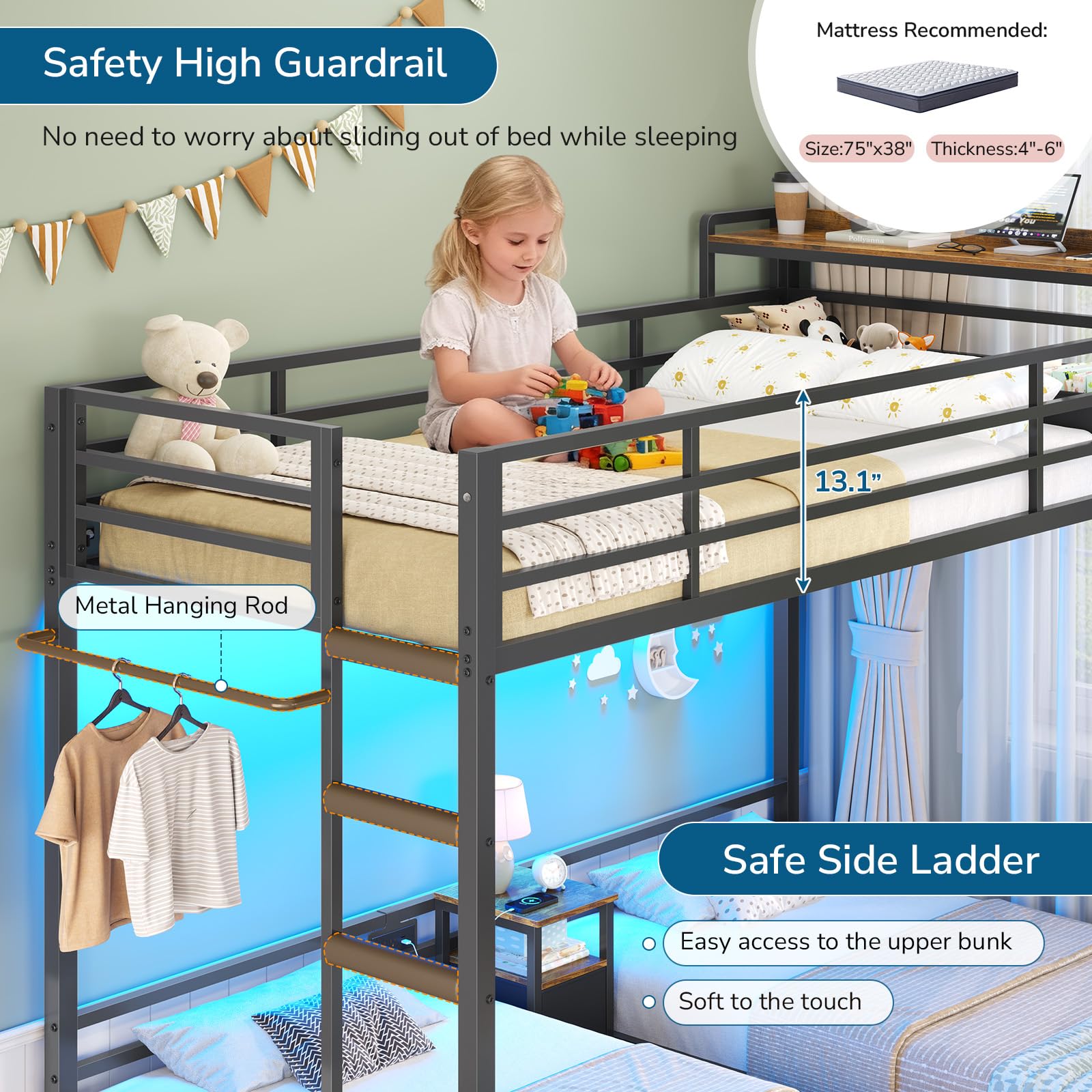Triple Twin Bunk Bed with LED Lights & Storage