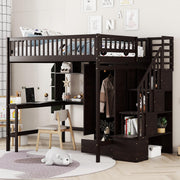Full Size Loft Beds Stairway Loft Bed Frame with Wardrobe, Desk, Bookcase and Drawers, Espresso