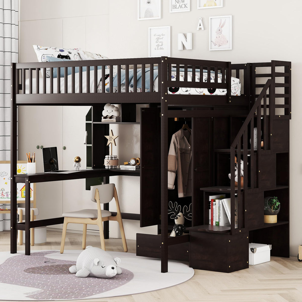Full Size Loft Beds Stairway Loft Bed Frame with Wardrobe, Desk, Bookcase and Drawers, Espresso