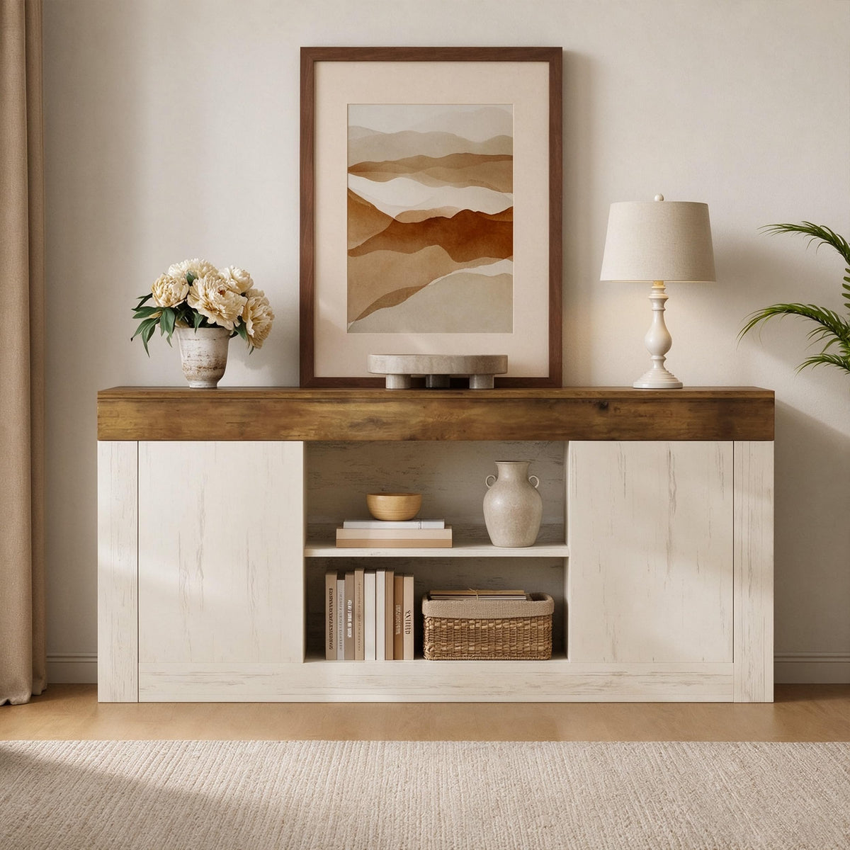 JUSTOGO Farmhouse TV Stand for 65 Inch TV, Entertainment Center