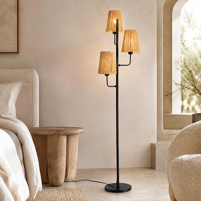 Boho Rattan Floor Lamp 3-Light with Foot Switch