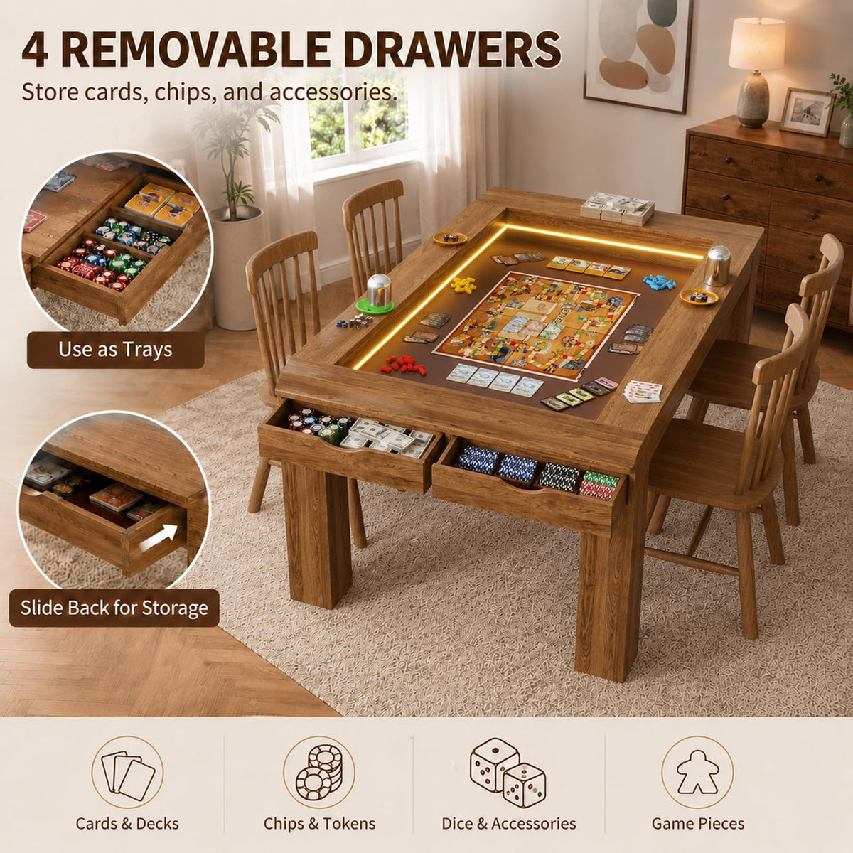 TORESOE Board Game Table with LED, Removable Top, Gaming Dining & RPG Table