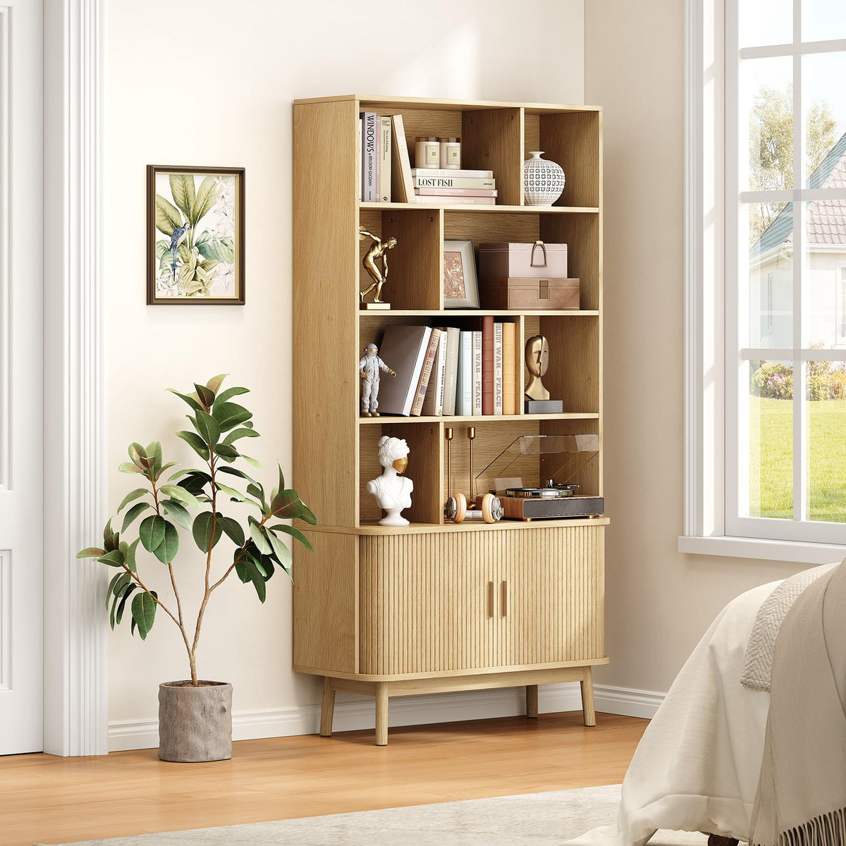 ONBRILL 71" Tall 8-Cube Bookshelf, 35.4" Wide Bookcase with Door, Oak