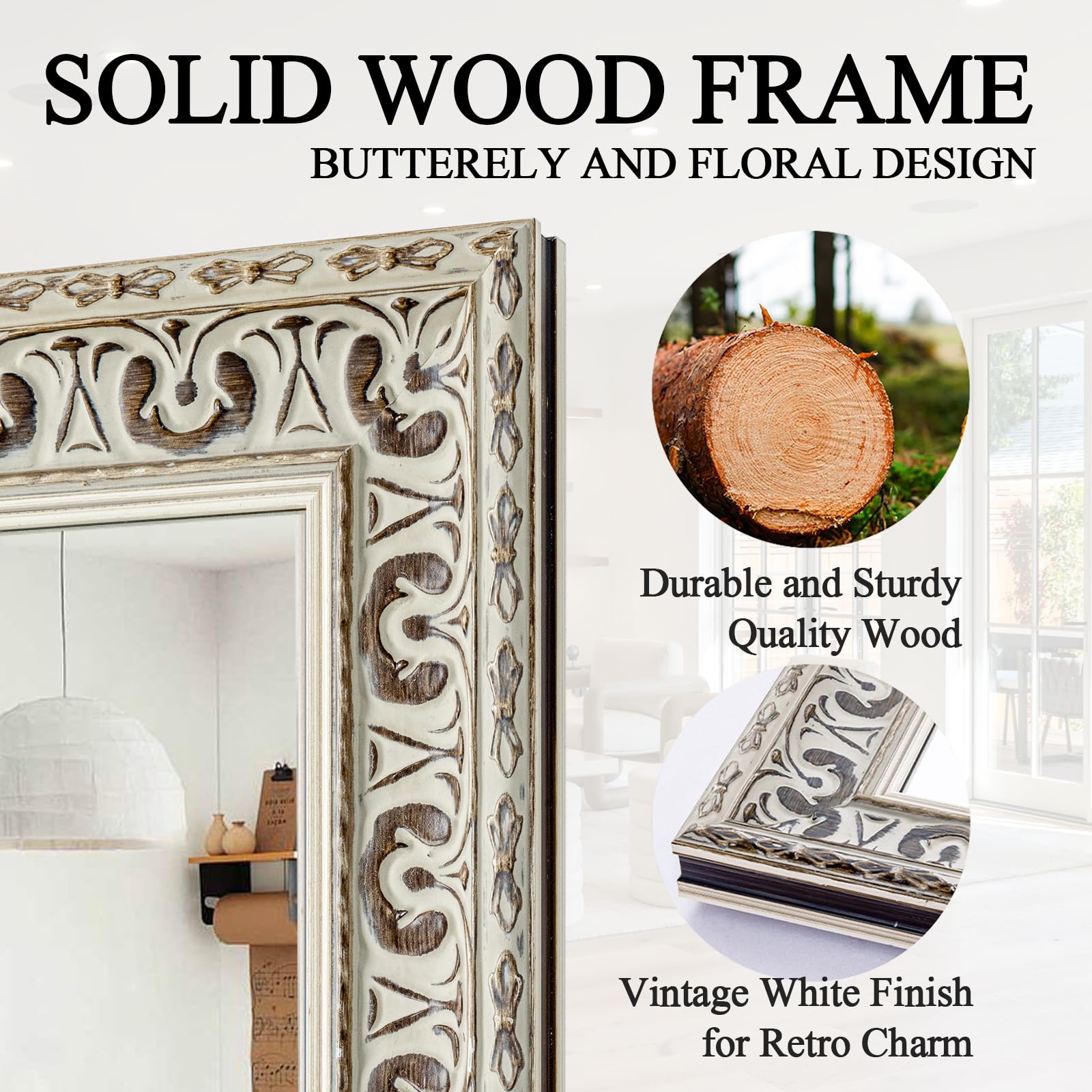 Vintage White Wall Mirror with Butterfly Carvings & Solid Wood Frame