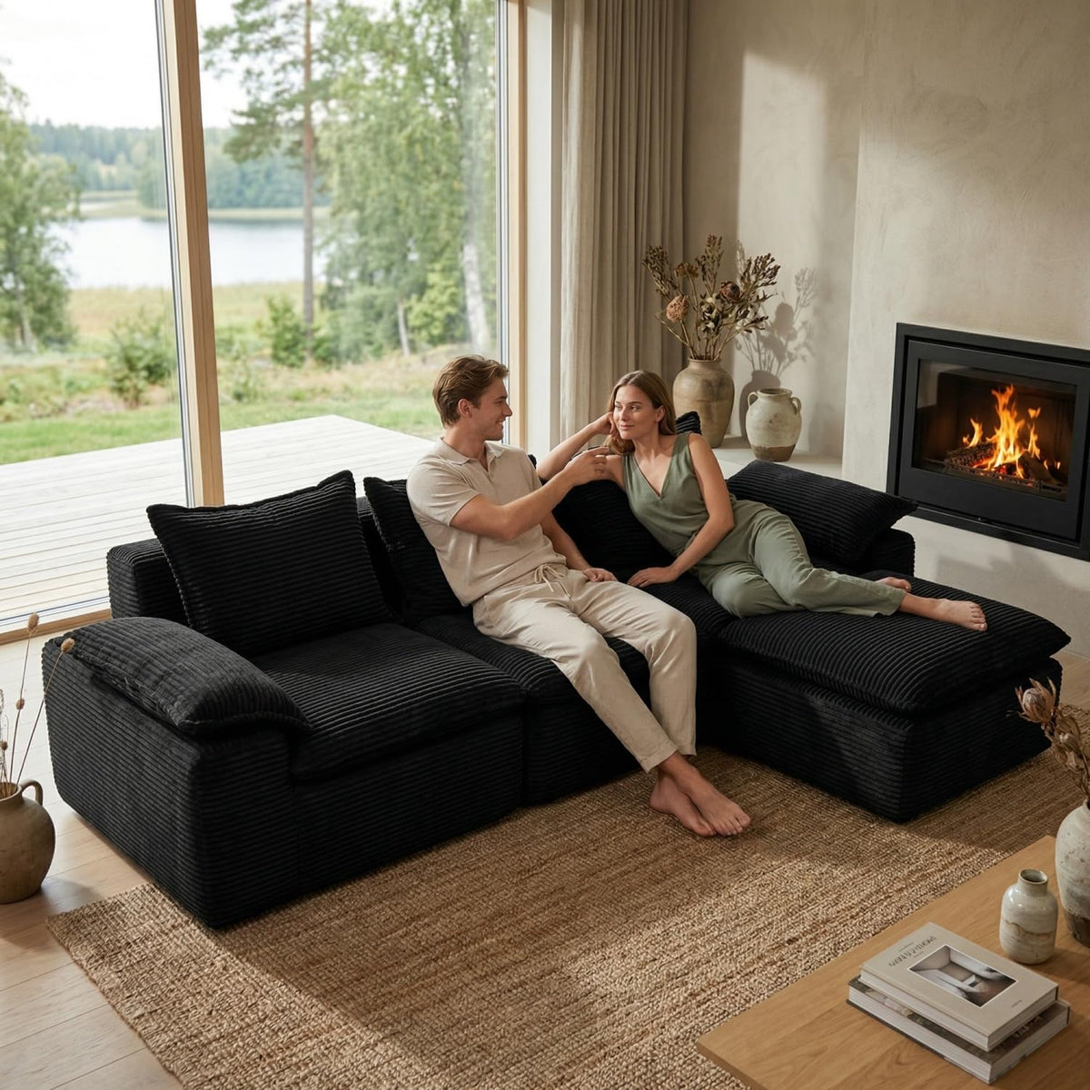 Black Corduroy Sectional Sofa Set