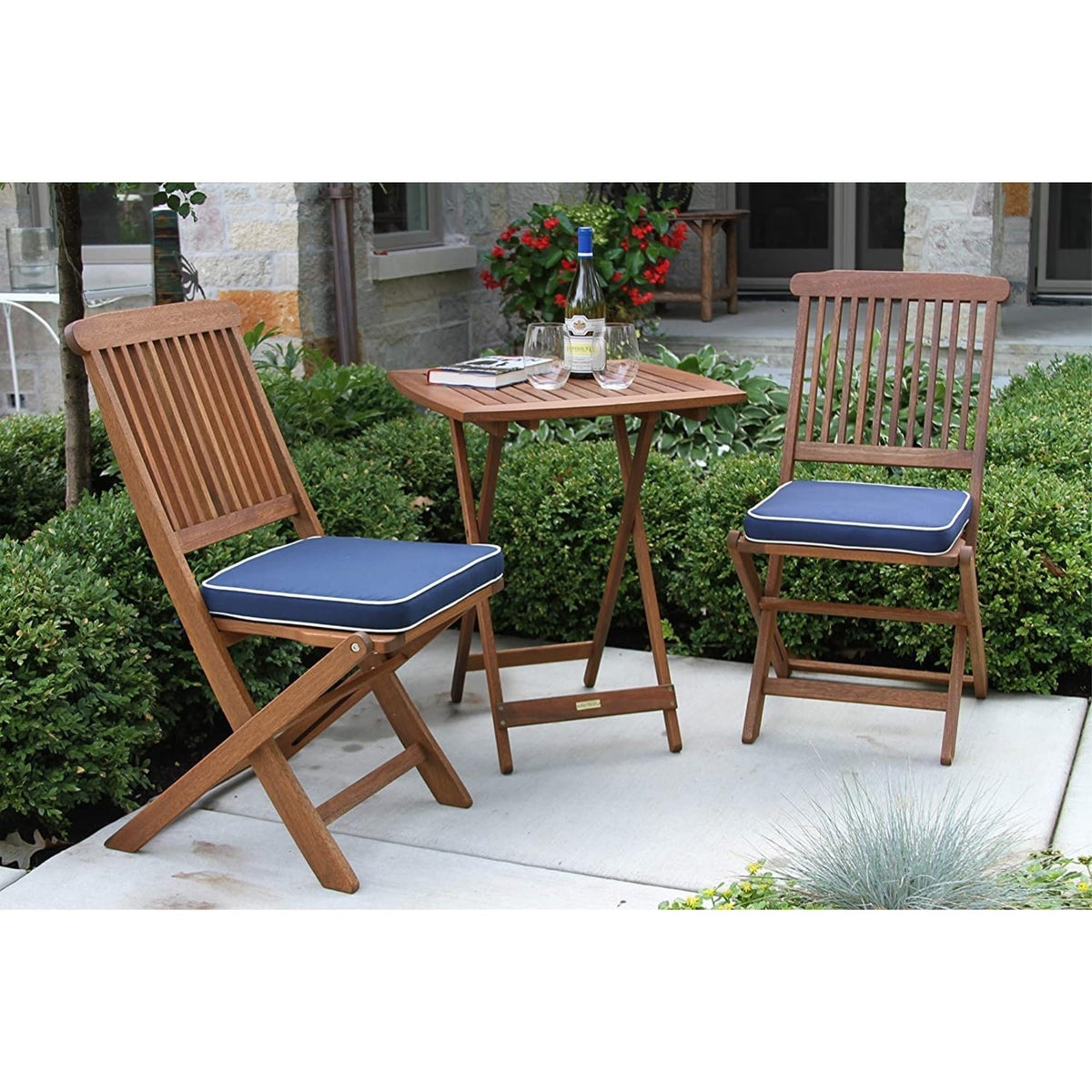 Outdoor Interiors Eucalyptus Wood 3-Piece Square Foldable Bistro Outdoor Furniture Patio Set, Table and 2 Chairs with Cushions, Blue