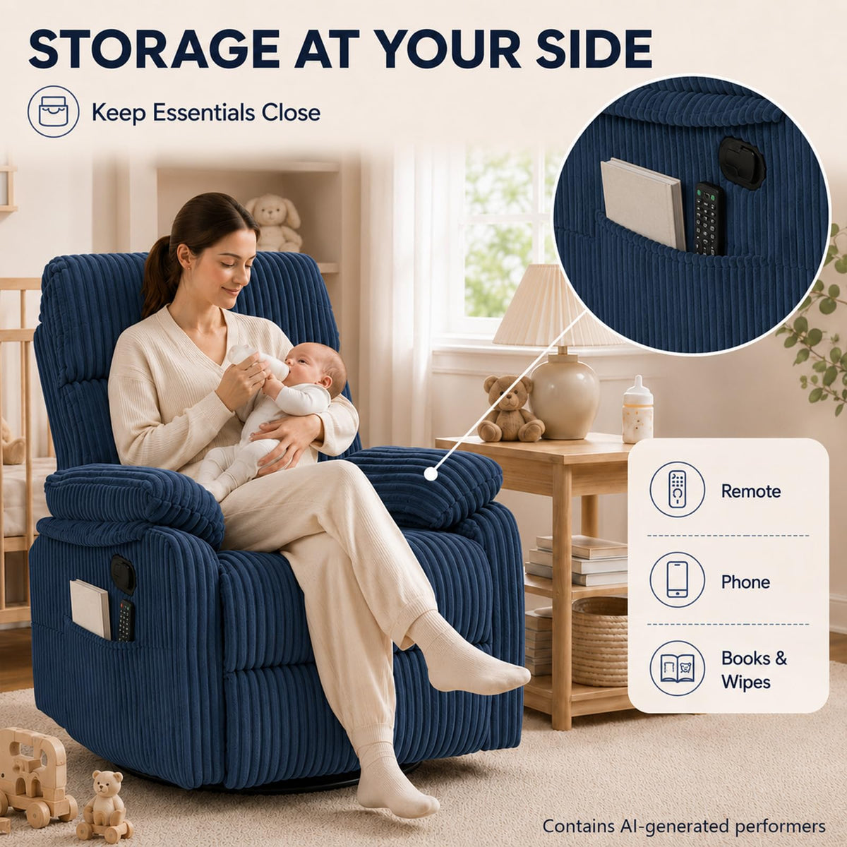 YunKiTech 360° Swivel Rocker Corduroy Manual Recliner Chair 350LBS Blue