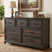 Farmhouse 7 Drawer Dresser in Black, Wide Chest with Rustic Wood Top, Large Storage Organizer for Bedroom, Living Room, Hallway, or Nursery, Sturdy Black Hardware, Modern Rustic Furniture Accent