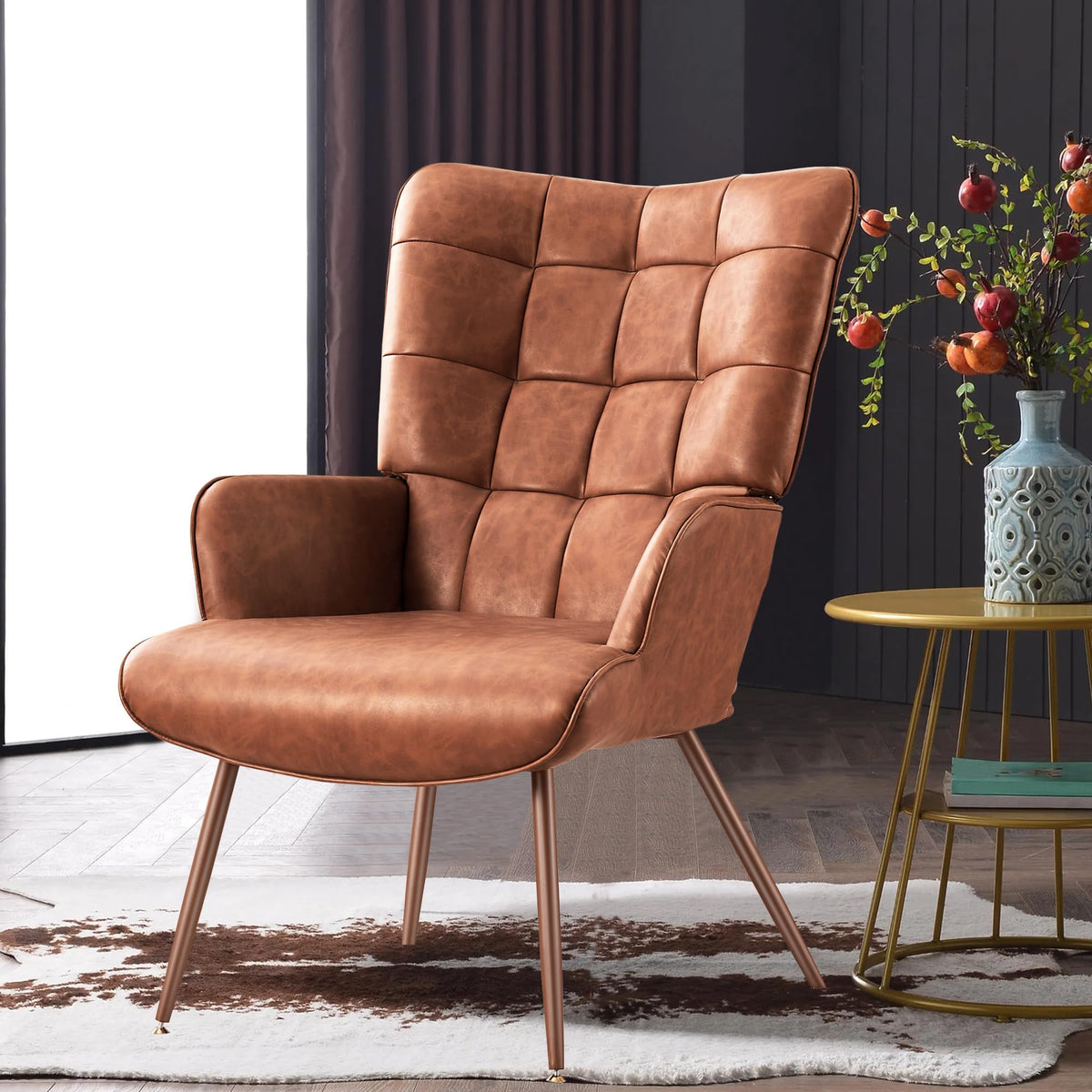 Kosydown PU Leather Wingback Accent Chair with High Back & Tufting, Brown