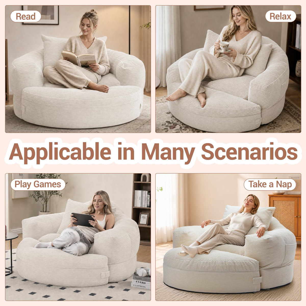 WiNVO 63''Oversized Round Chaise Lounge Chair with Footrest Ottoman(Beige)