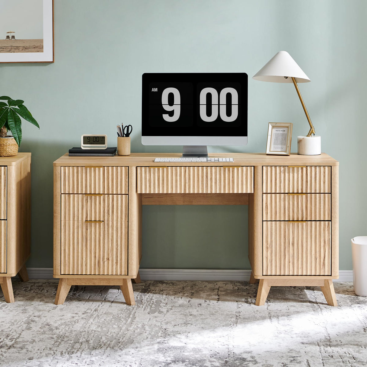 T4TREAM 60" Modern Fluted Executive Desk with Drawers, Natural Oak