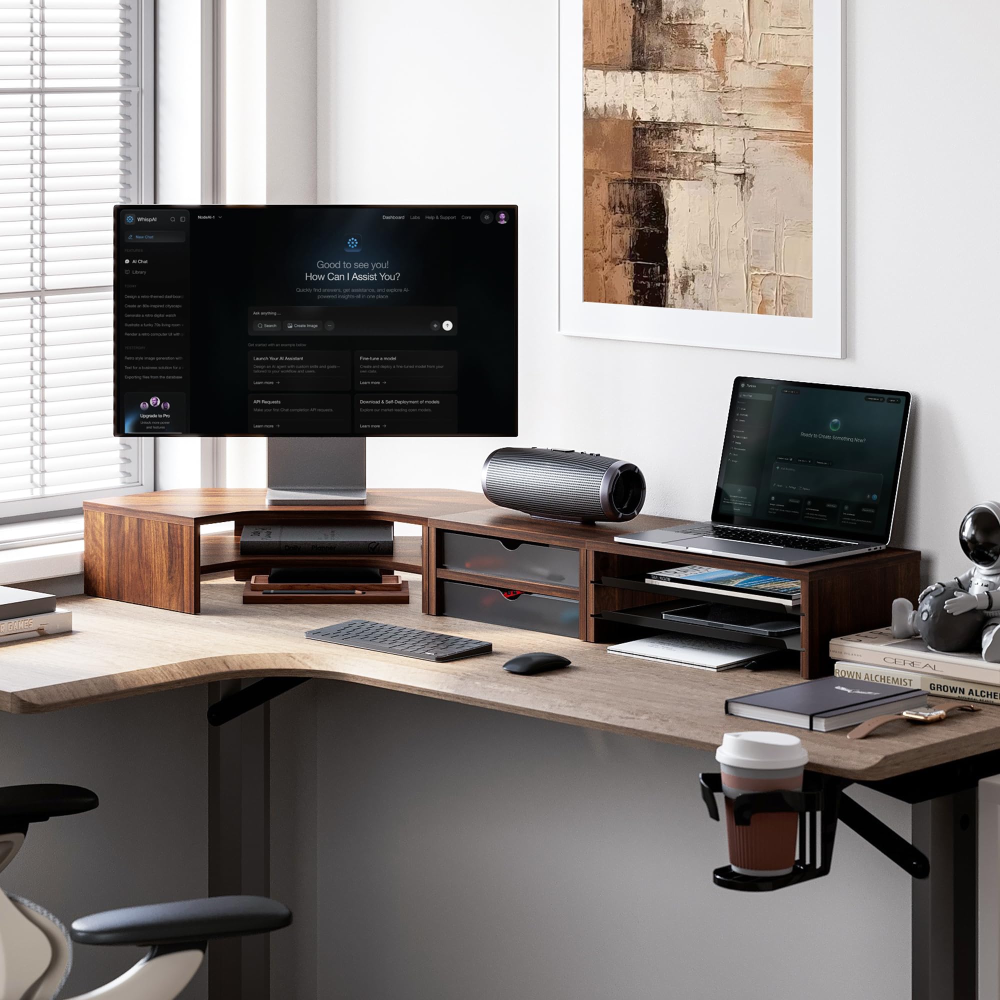Corner Dual Monitor Stand with Drawer & Storage