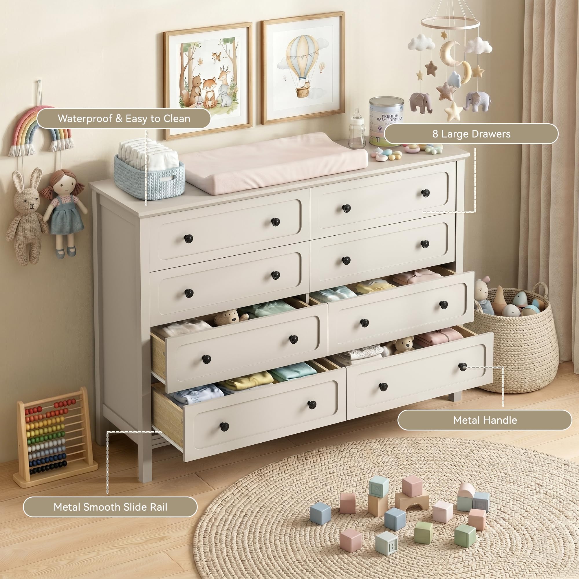 CARPETNAL Beige Dresser for Bedroom, 55" Wide 8 Drawer Dresser with Metal Handles and Deep Drawers, Modern Large Wood Chest of Drawers for Living Room, Hallway.