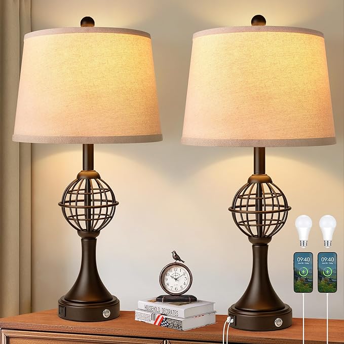 Farmhouse Table Lamps Set of 2 with USB Ports, 28" Bedside Lamps with Bulbs