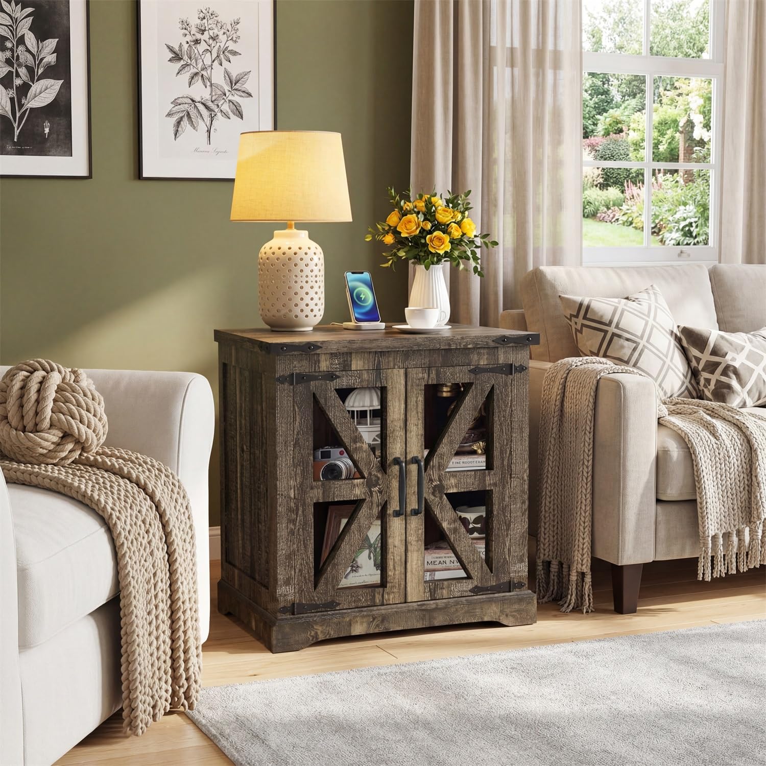 Farmhouse End Table with Glass Barn Door Storage