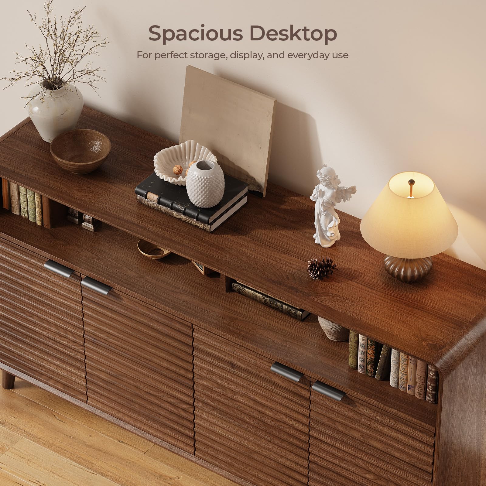 Lefurture 61" Sideboard Buffet Cabinet with Open Storage & 4 Doors, Large Coffee Bar Cabinet with Adjustable Shelves, Mid Century Modern Fluted Buffet Cabinet for Kitchen, Living Room, Walnut