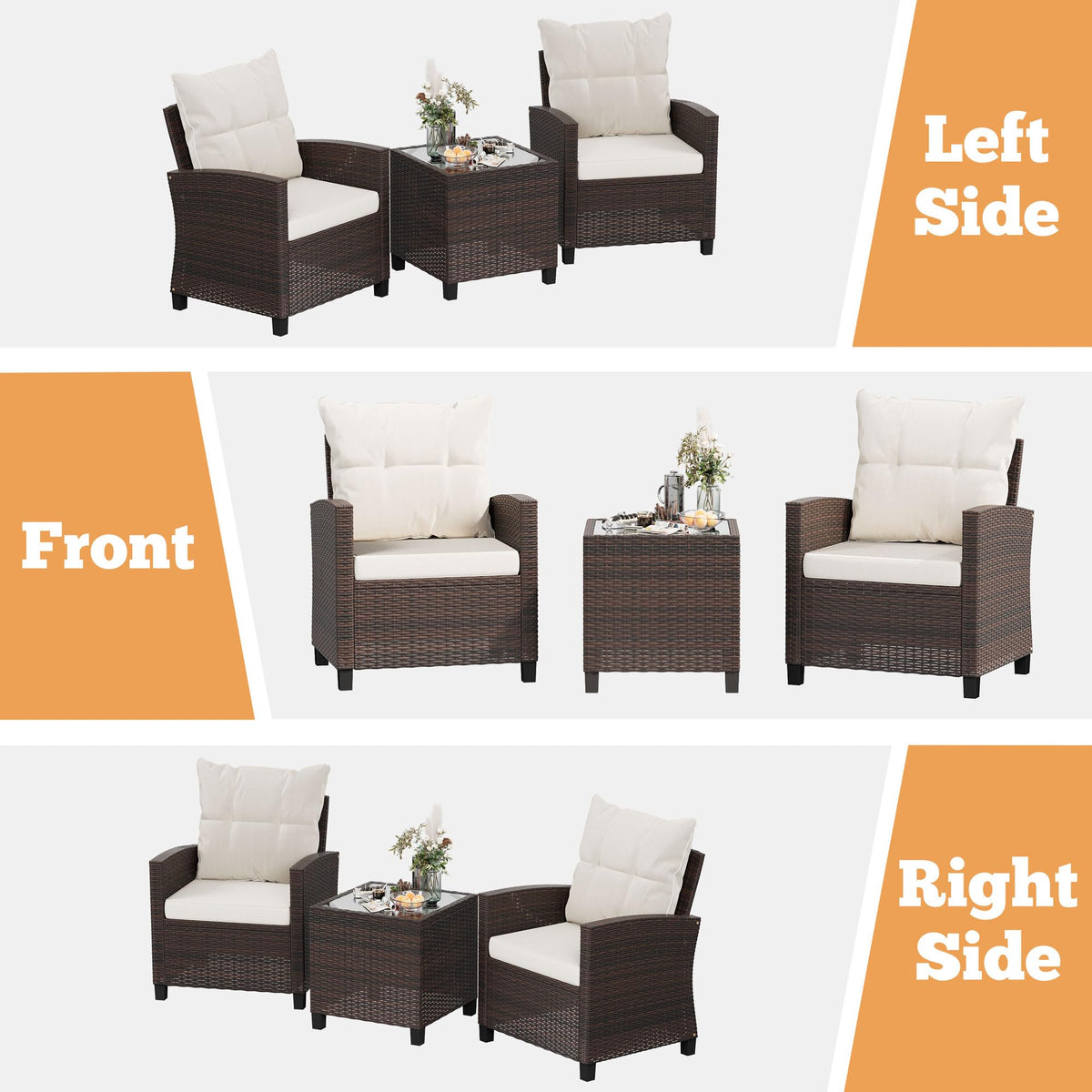 Shintenchi 3 Pieces Patio Furniture Set, PE Rattan Wicker 3 Pcs Patio Set, Outdoor Furniture Set with Two Outdoor Chairs and Table, Conversation Set for Garden, Poolside, Balcony, and Porch(Beige)