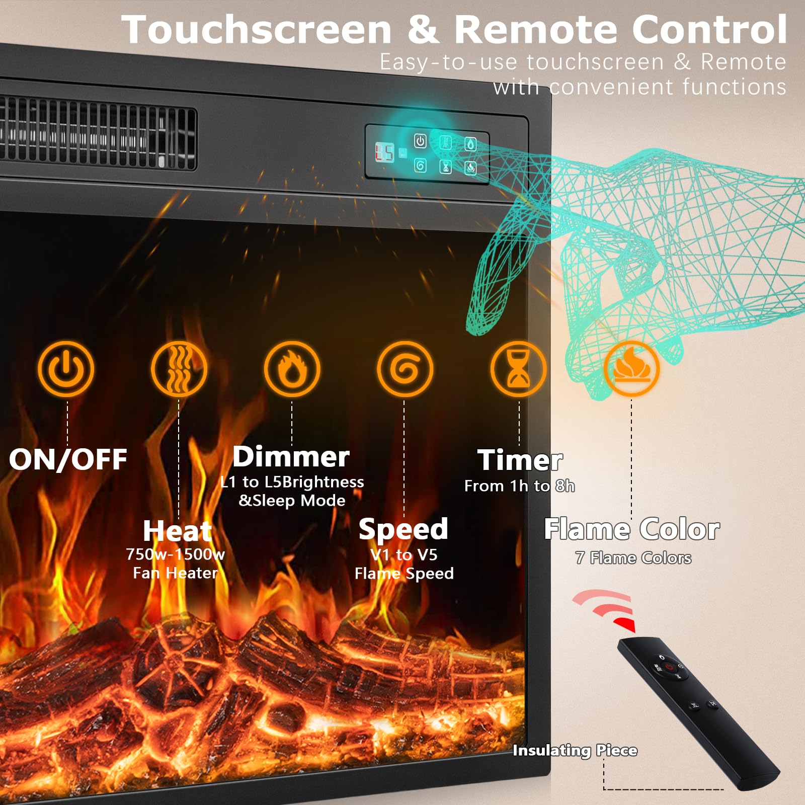 PUKAMI Electric Fireplace with Mantel, Freestanding Stone Fireplace Heater TV Stand with Remote Control, Realistic Flame Effect and 3D Log, 750W/1500W (36 inch)