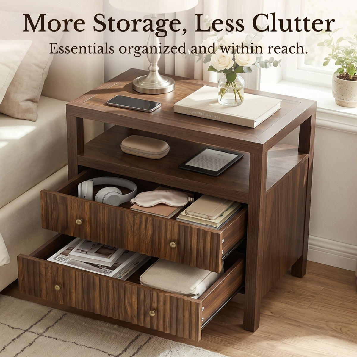 AURELIA LEVEAUX 26" Wide Dark Walnut Fluted Charging Nightstands Set of 2
