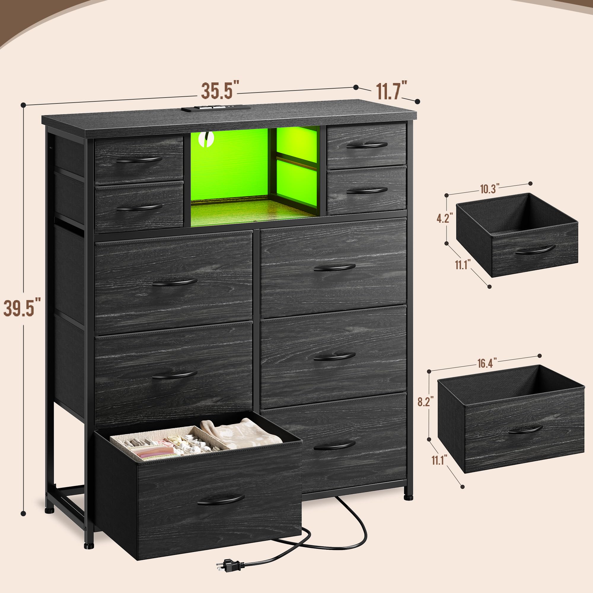 Romorgniz Dresser for Bedroom with 10 Drawers Featuring LED Light and Power Outlet, Fabric Dressers & Chest of Drawers with Open Shelves for Hallway, Living Room, Metal Frame,Wood Top,Grain Black