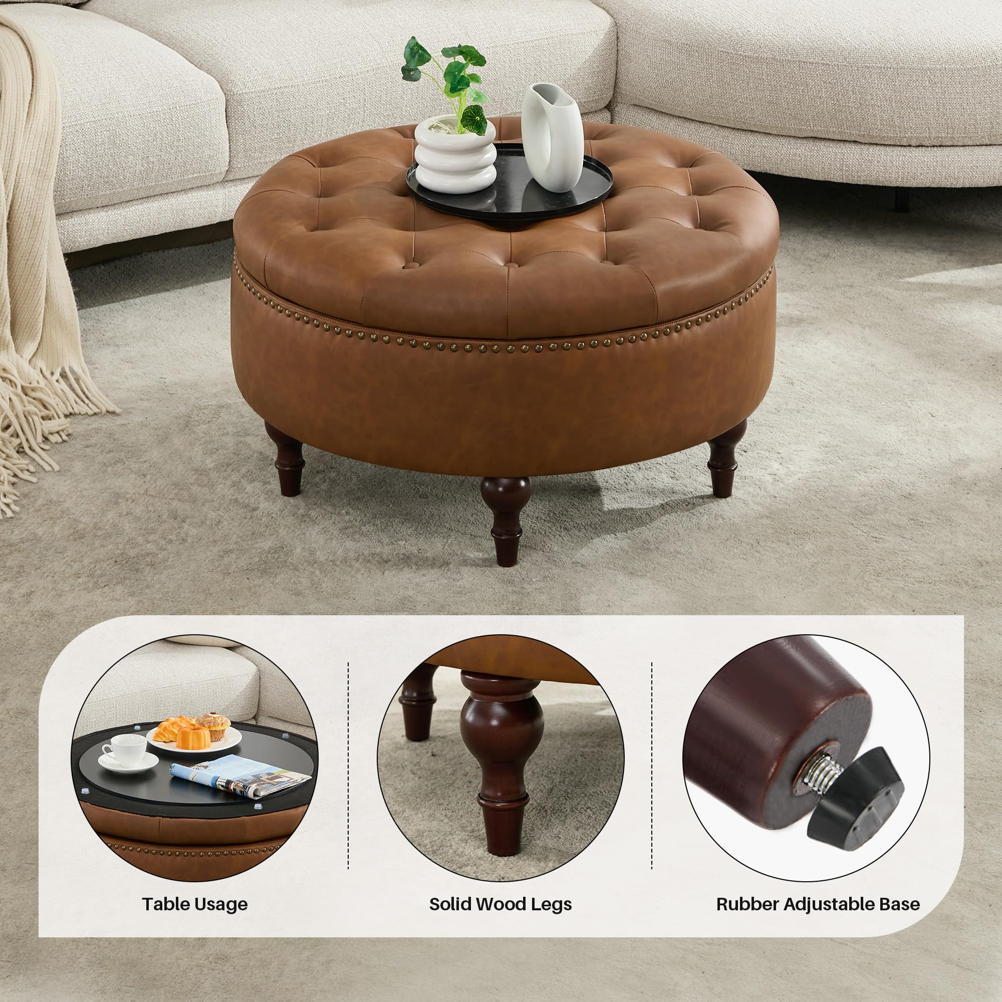 obmedin 31.5" Large Round Storage Ottoman, Upholstered Tufted PU Ottoman Coffee Table, Large Footrest with Solid Wooden Legs and Nailheads, Side Table for Living Room Bedroom Office, Brown
