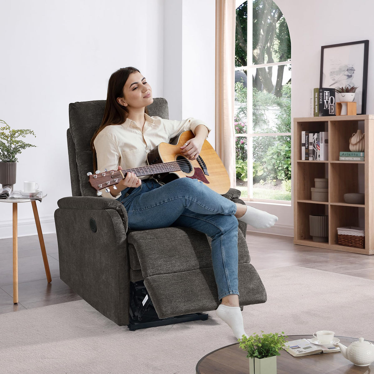 Electric Power Recliner Chair with USB Port, Dark Greyish Brown Fabric Single Sofa for Small Spaces, Ergonomic Lounge Chair with Padded Armrests for Living Room, Bedroom, 30" W x 35.4" D x 39.8" H
