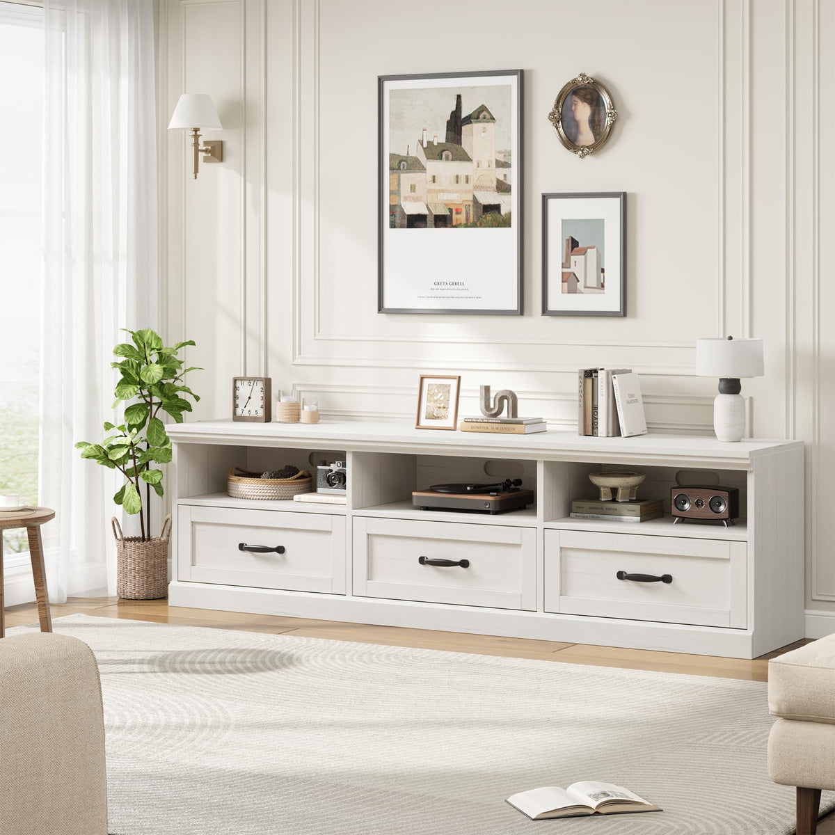 Garvee 70 Inch Mid-Century Modern TV Stand for 65/70/75 in TV, Entertainment Center with 3 Storage Drawers & Open Shelves, Media Cabinet for Living Room Bedroom, Antique White