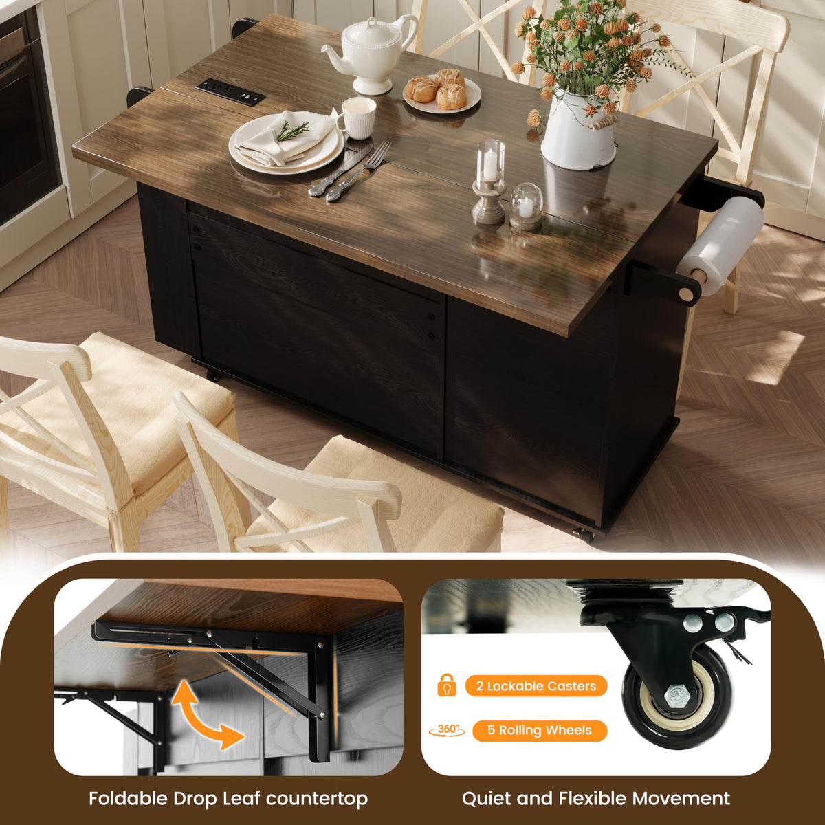 COCO DESIGN 58” Rolling Kitchen Island with Trash Can-Storage & LED Light