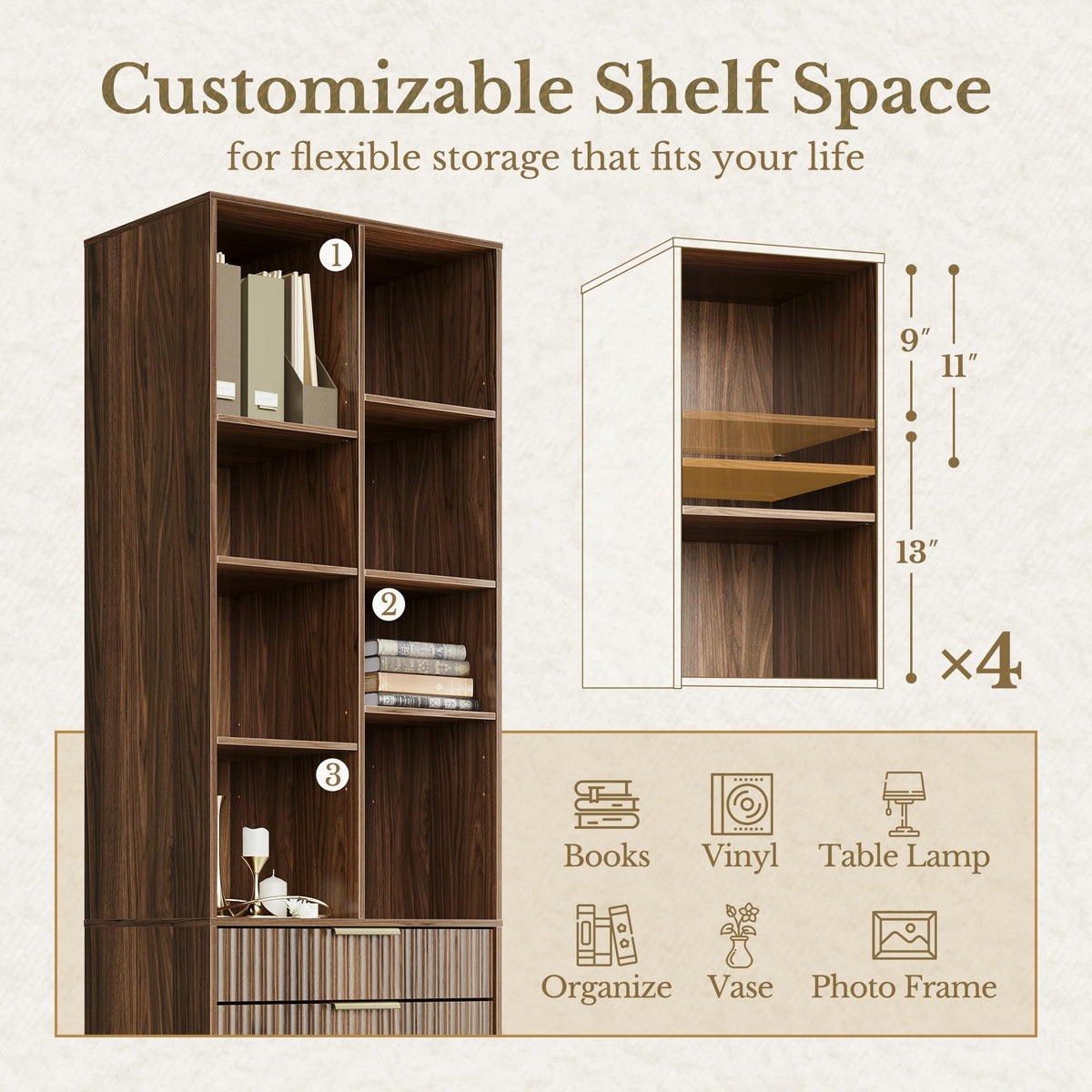 Perledesign Home Office Furniture Set, 48'' Standing Desk with 73'' Bookshelf, Electric Height Adjustable Desk with 2 File Cabinet, Bookcase with Doors, Fluted Office Furniture Sets, Black Walnut