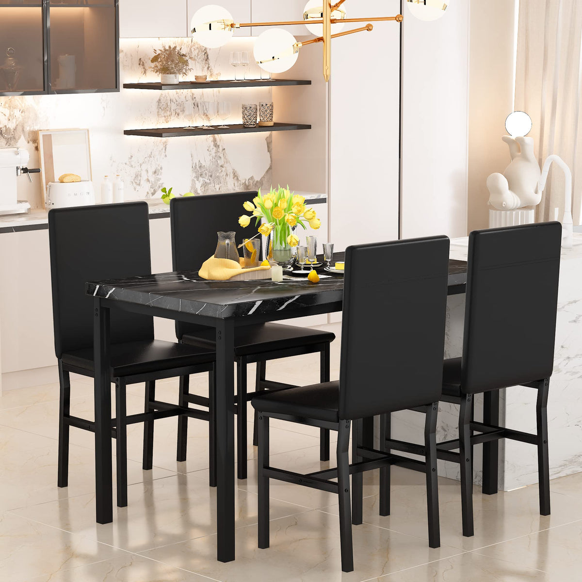 Recaceik Dining Table Set for 4, Kitchen Table and Chairs Set with Faux Marble Tabletop & 4 Leather Upholstered Chairs for Kitchen Dining Room, Breakfast Nook, Compact Space, Dinette Set