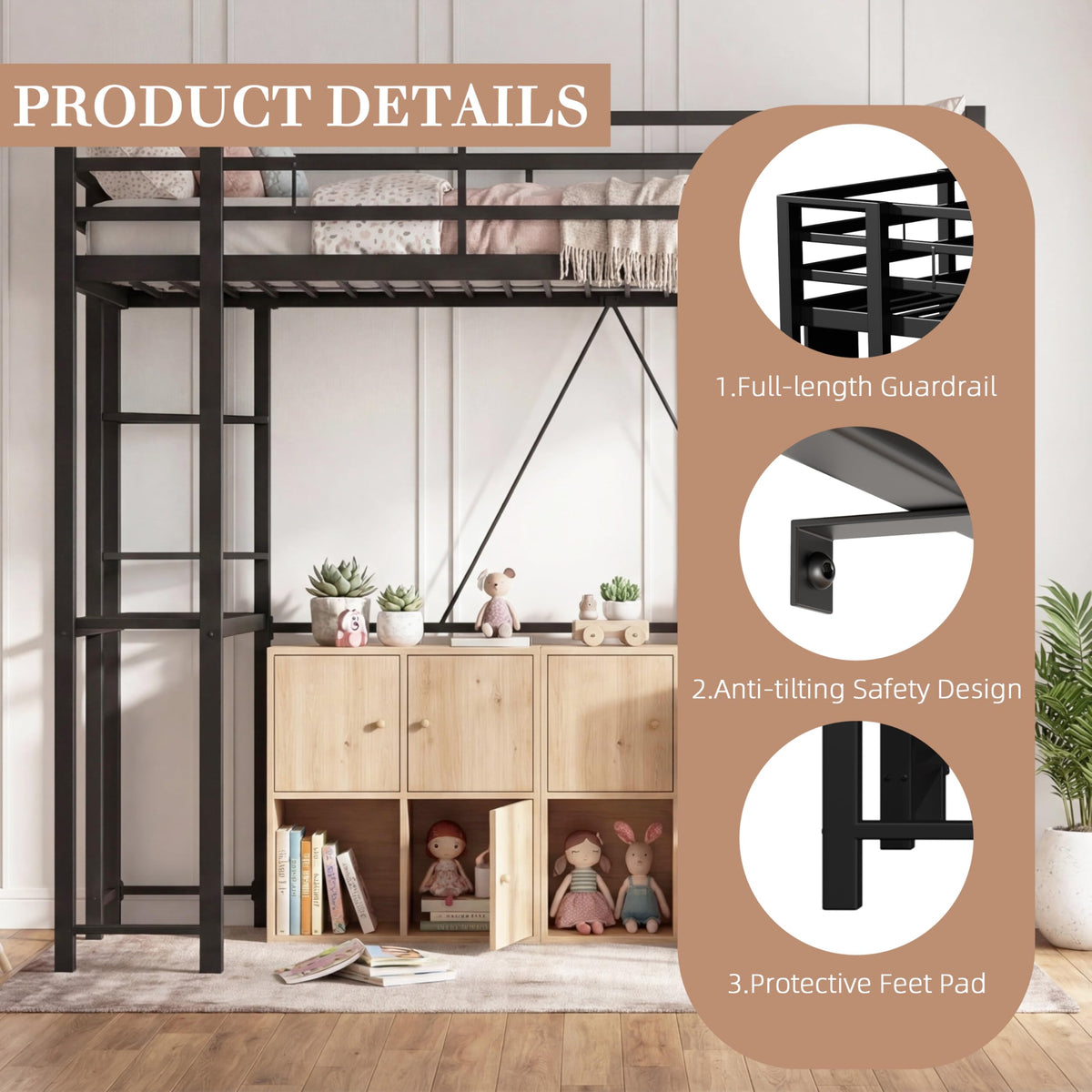 Metal Loft Bed with Desk and Shelves
