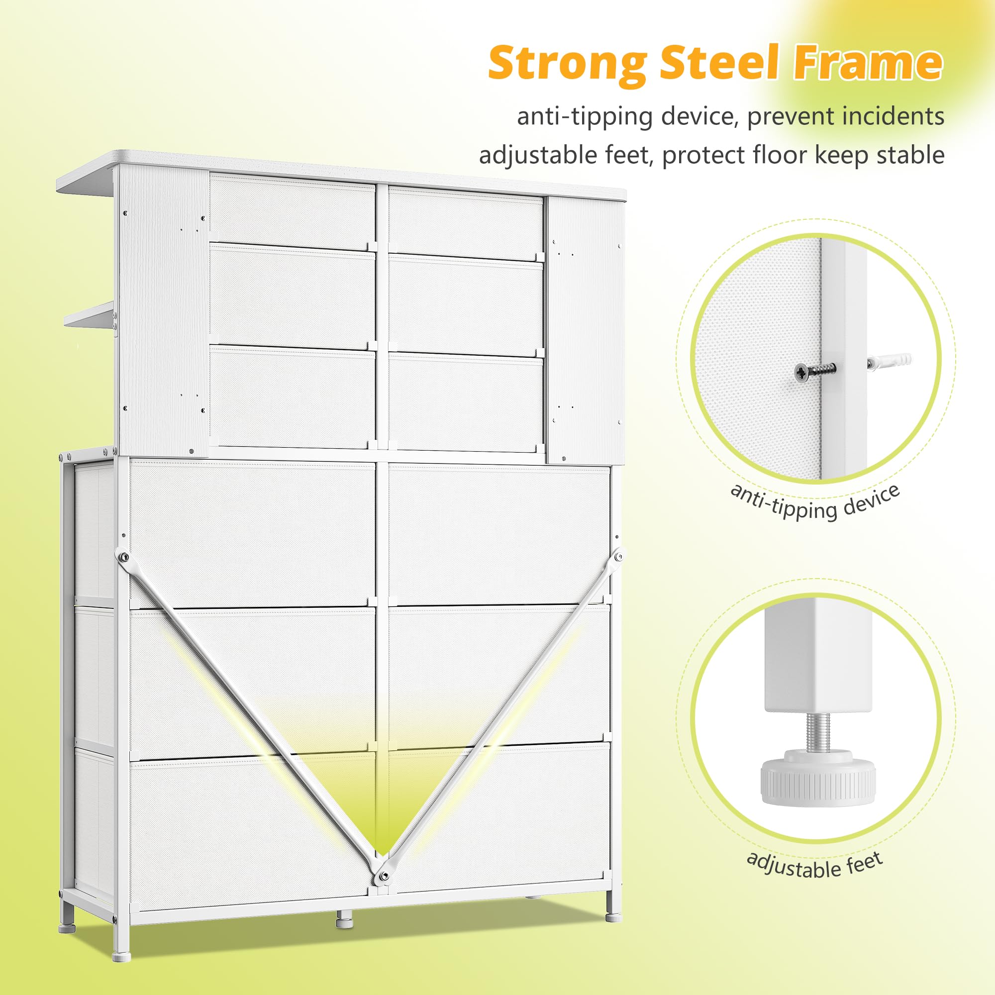 White Dresser for Bedroom with 12 Drawers & LED Lights,4 Open Storage Shelves, Fabric Dressers & Chests of Drawers for Living Room, Entryway, Dorm, Metal Frame, Wood Top,45.2" H x 35.4" W x 11.8" D