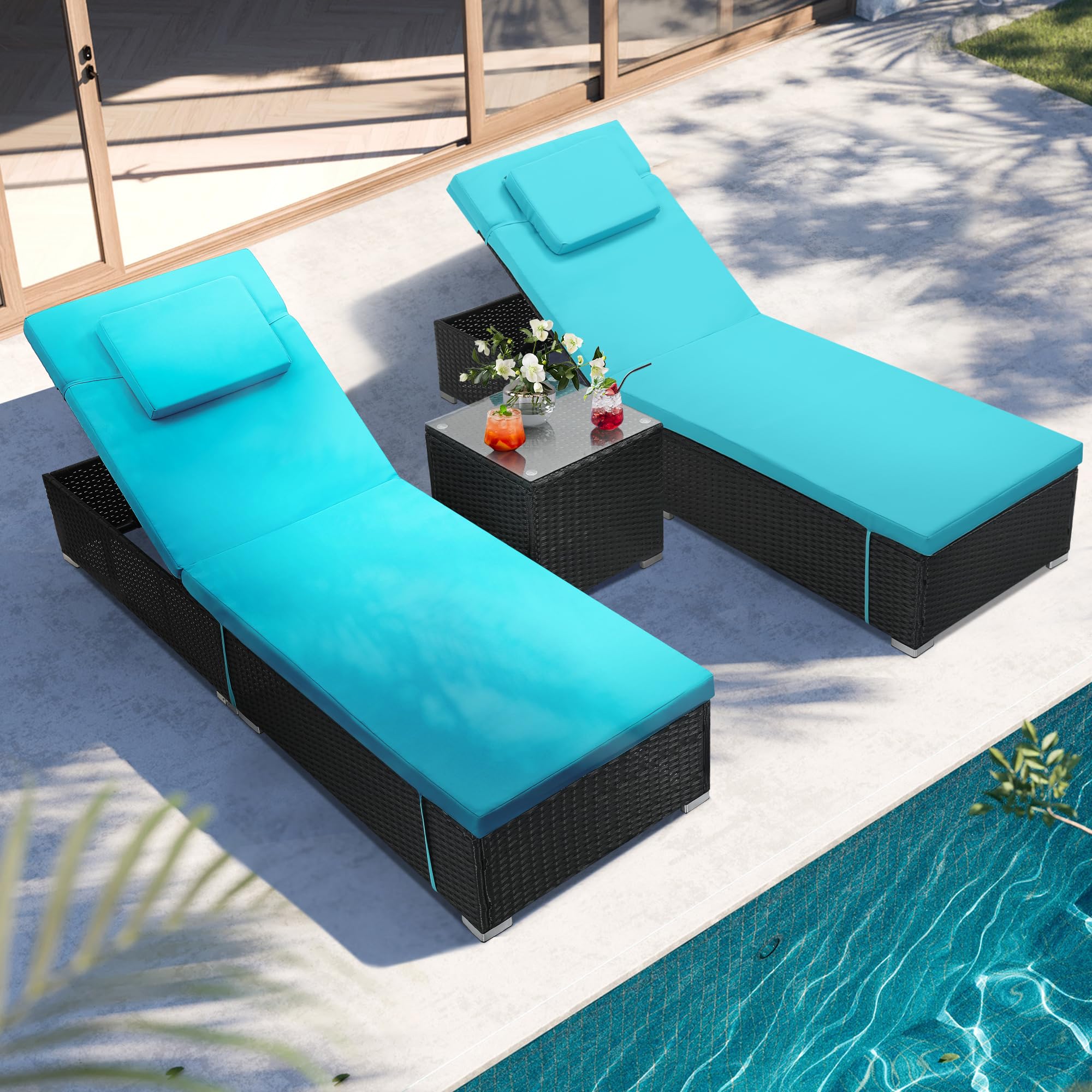 Outdoor Wicker Chaise Lounge Set with Side Table (3-Piece)