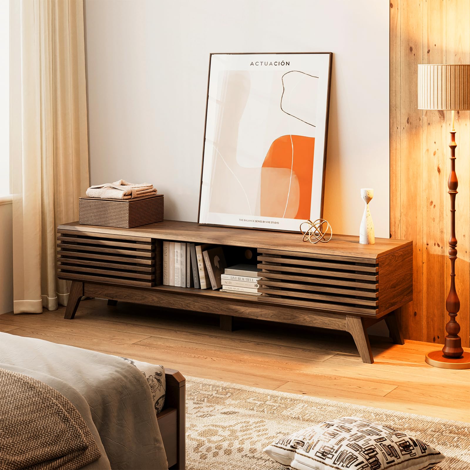 Mid-Century Fluted TV Stand with Sliding Doors & Storage