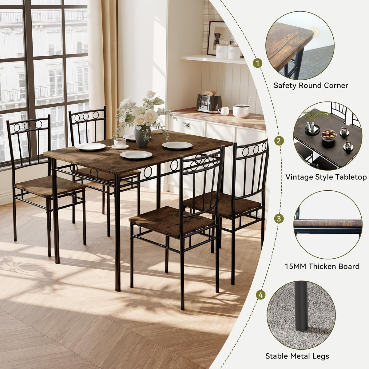 AMICLIBER 5 Piece Dining Table Set, Wood Kitchen Table and Chairs for Small Space,Breakfast Nook,Easy Assembly,Brown