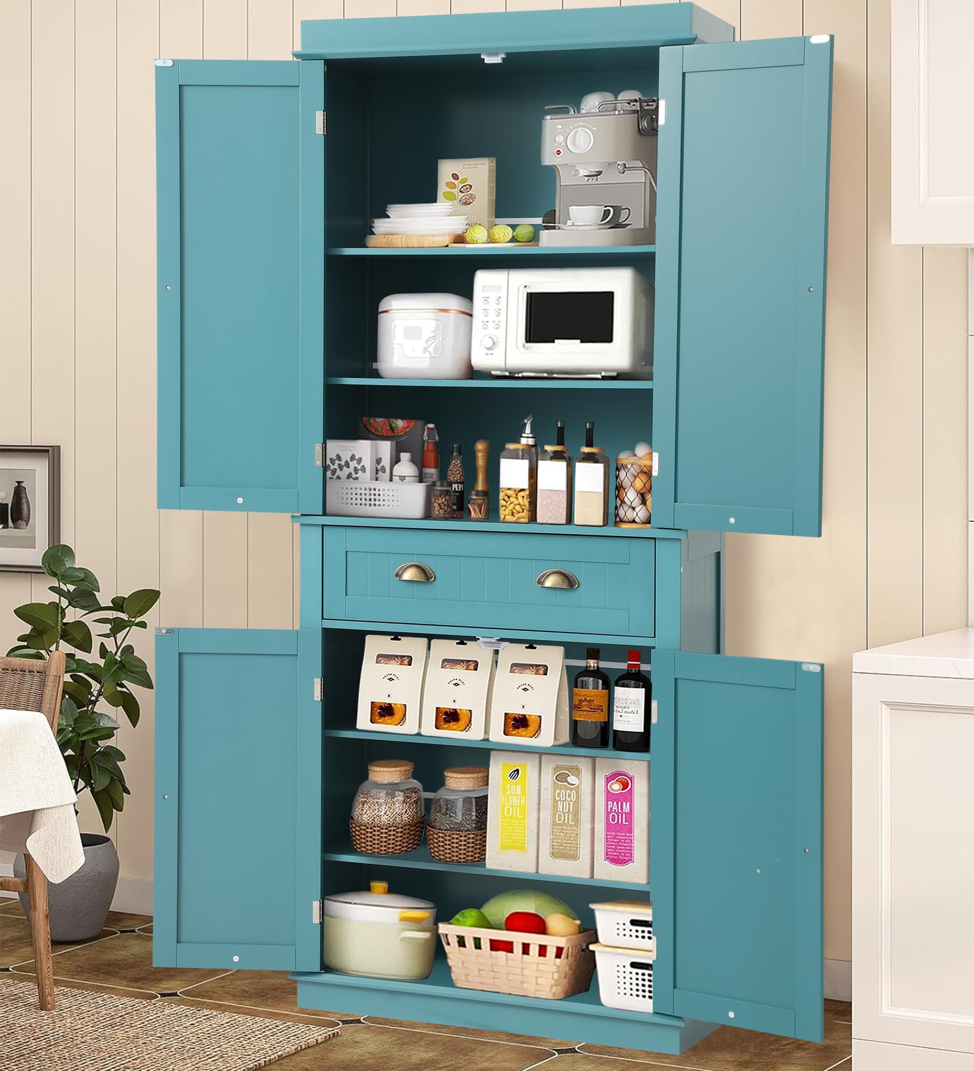 KIGOTY 72" Tall Kitchen Pantry Cabinet with Drawer and 4 Adjustable Shelves, Freestanding Pantry Storage Cabinets, Wood Cupboard Pantry Cabinet for Kitchen, Dining Room, Living Room, Turquoise