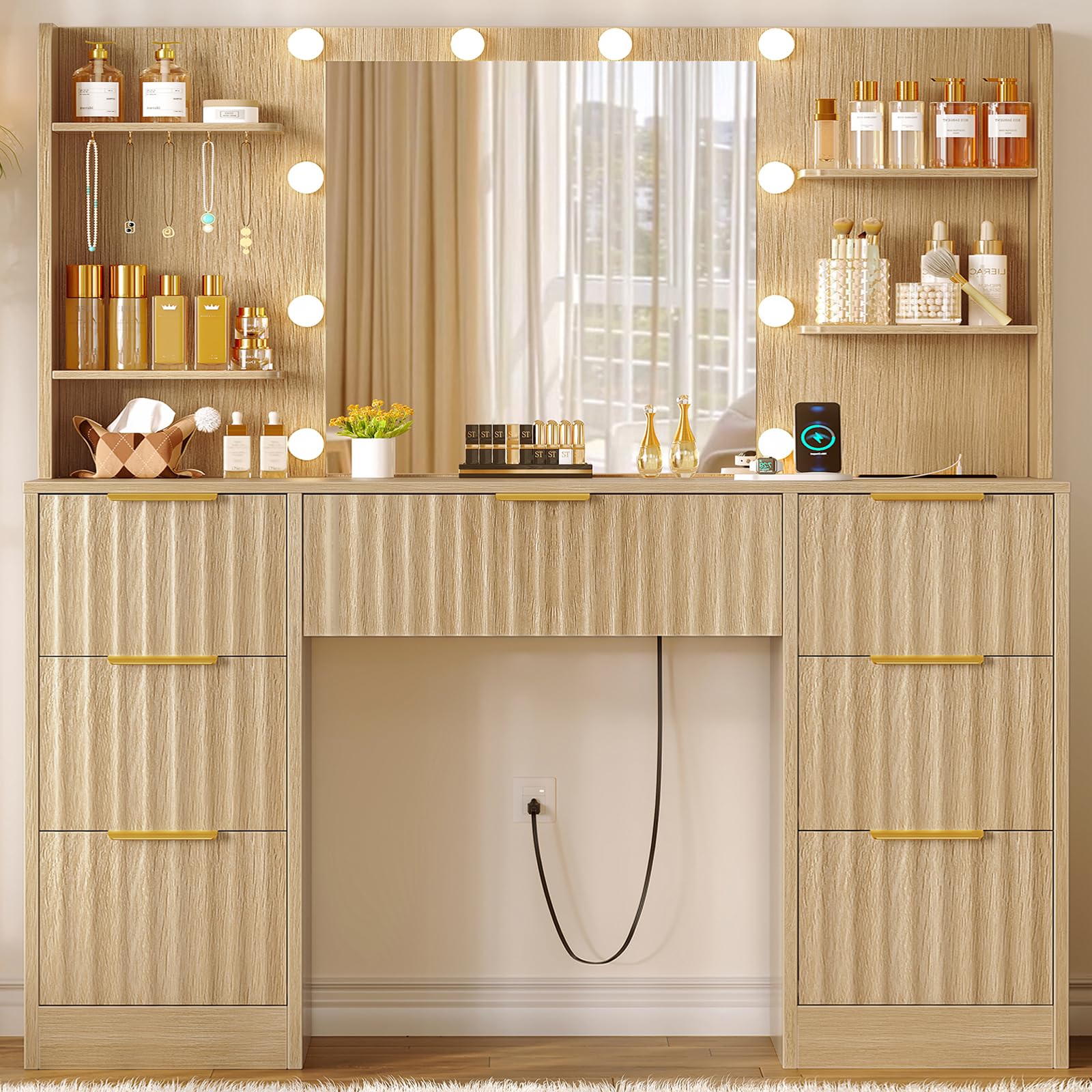 FIONESO Fluted Vanity Desk with Mirror and Adjustable LED Lights & Power Outlet, Makeup Vanity Desk with 7 Drawers,4 Shelves and 5 Hooks, Vanity for Girls, Natural Oak