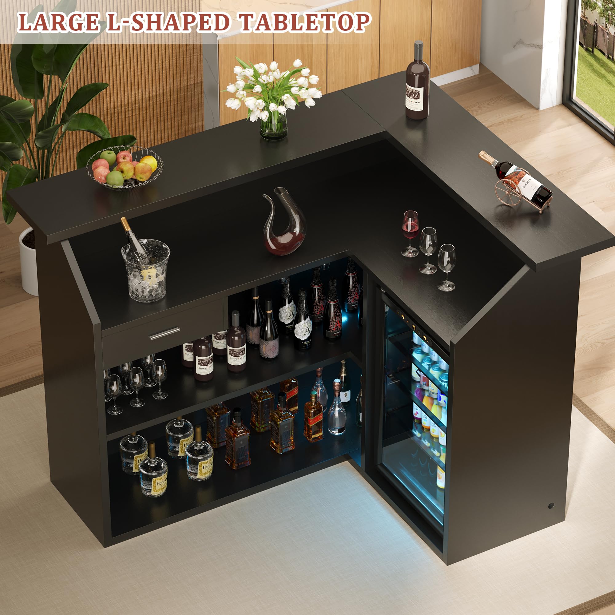 VAXZOFI L-Shape Home Bar Unit with Fridge Space & LED, Modern Liquor Wine Cabinet with Power Outlet, Wine Glass Holder, Mini Bar Table with Storage for Living Room, Basement, Home Pub, Black