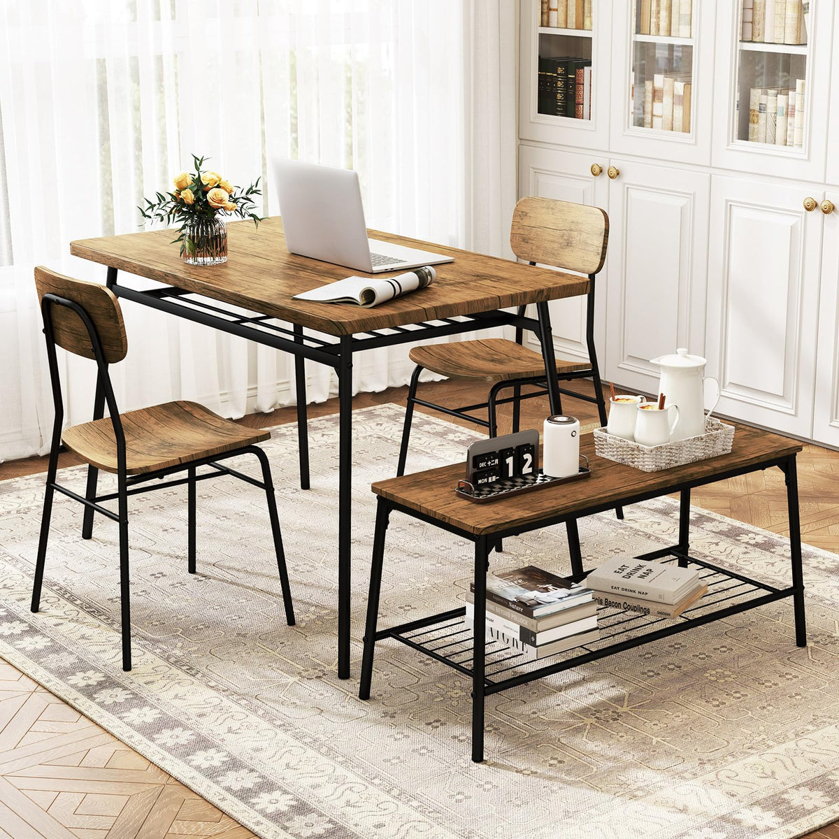 GOFLAME 4-Piece Dining Table Set for 4, Industrial Rectangular Kitchen Table with Bench and 2 Chairs, Storage Racks, Metal Frame, Space-Saving Dinette Set for Dining Room, Living Room, Breakfast Nook