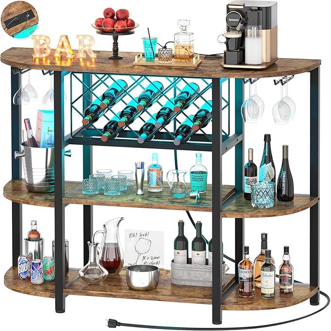 Bar Cabinet with LED Lights & Power Outlets – 4-Tier