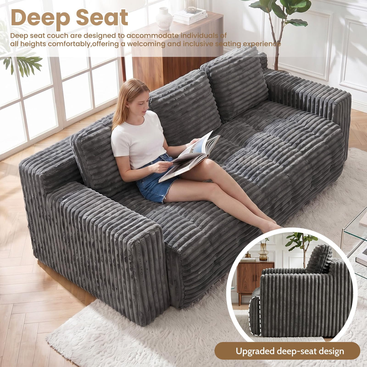 Tykacna 70” Boneless Couch, 3 Seater Sofa Couch with Extra Deep Seats 3 Pillows,Corduroy Modern Small Couch for Living Room, Office, Bedroom, Apartment,Grey