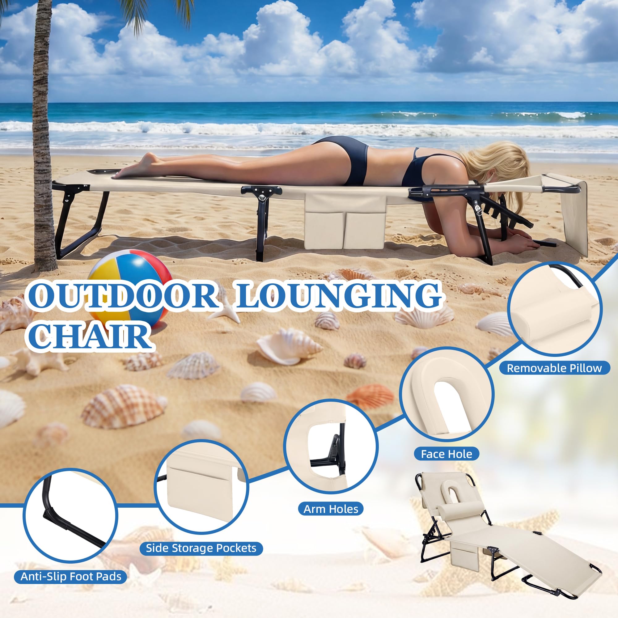 Folding Sun Tanning Lounge Chair with Face Hole, 5-Position Adjustable, 2 Side Pockets & Pillow